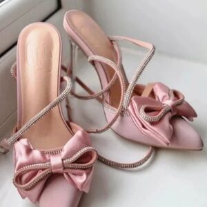 Pink Owl Satin Bow Heels with Rhinestone Straps